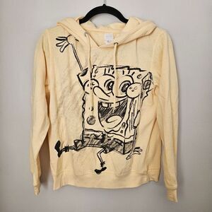 Nickelodeon Hooded Sweatshirt Spongebob Sketch Graphic Light Yellow Black Casual